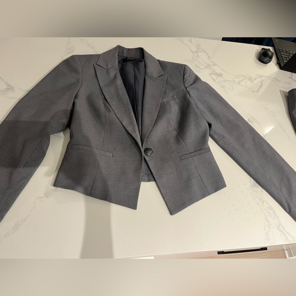 Nine West Grey Striped Cropped Suit Jacket/Blazer High Waist Skirt Set - new!